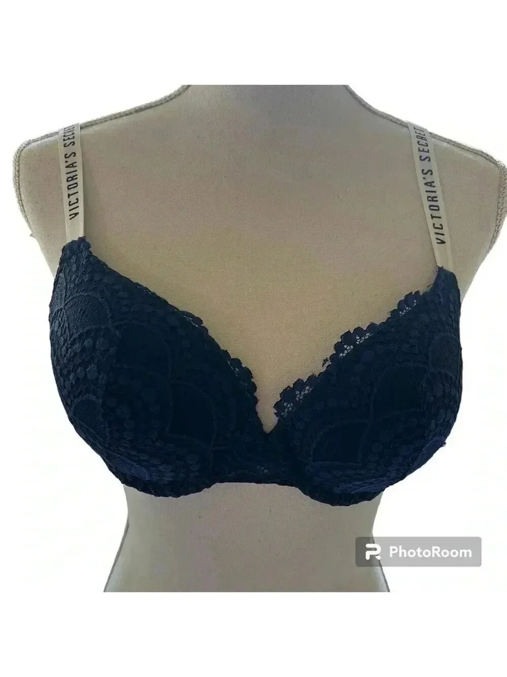 Victoria Secret T-shirt push-up full coverage navy blue  Bra 36B crochet girl